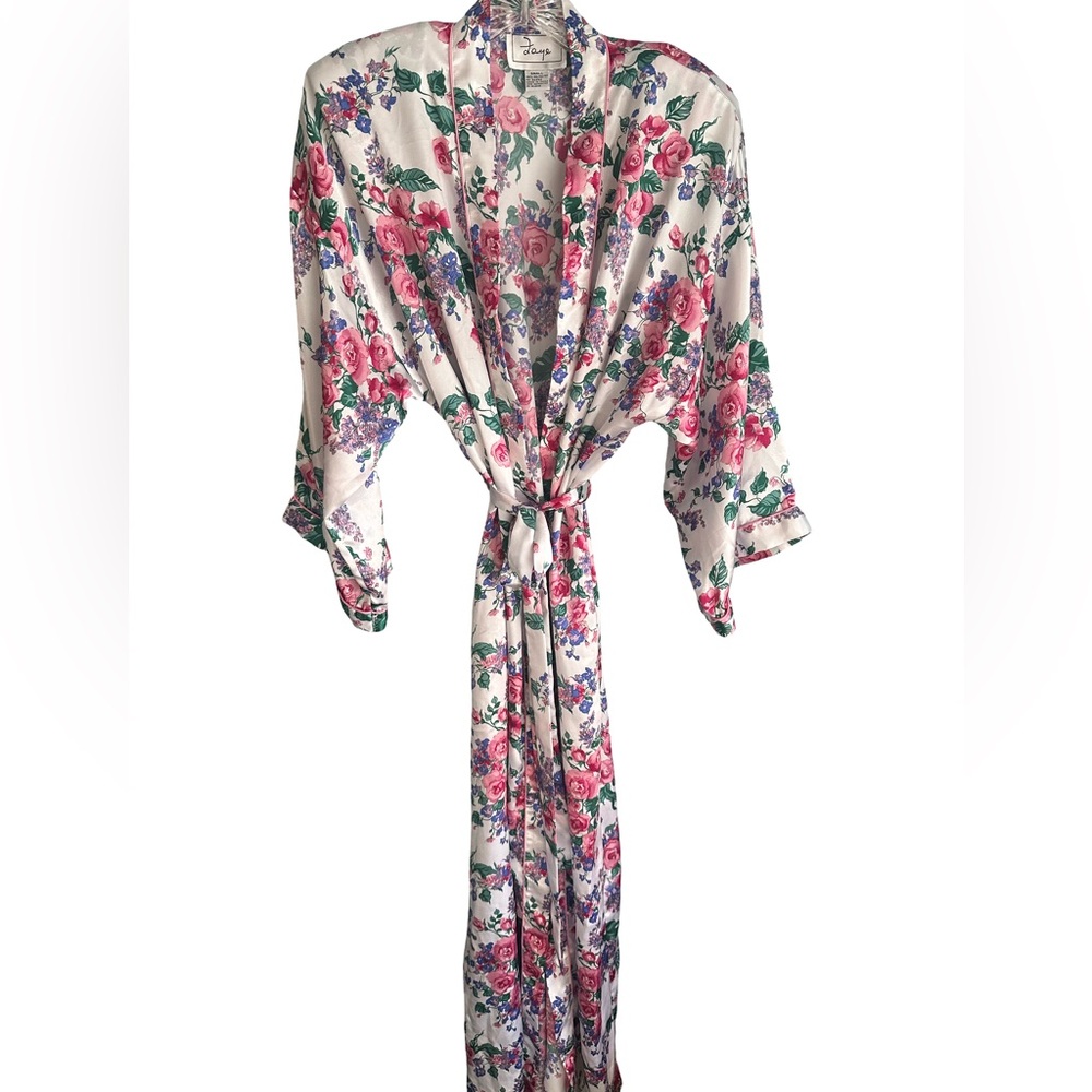 Vintage Faye Satin Full Length Floral Print Robe Pink Purple Green White Small